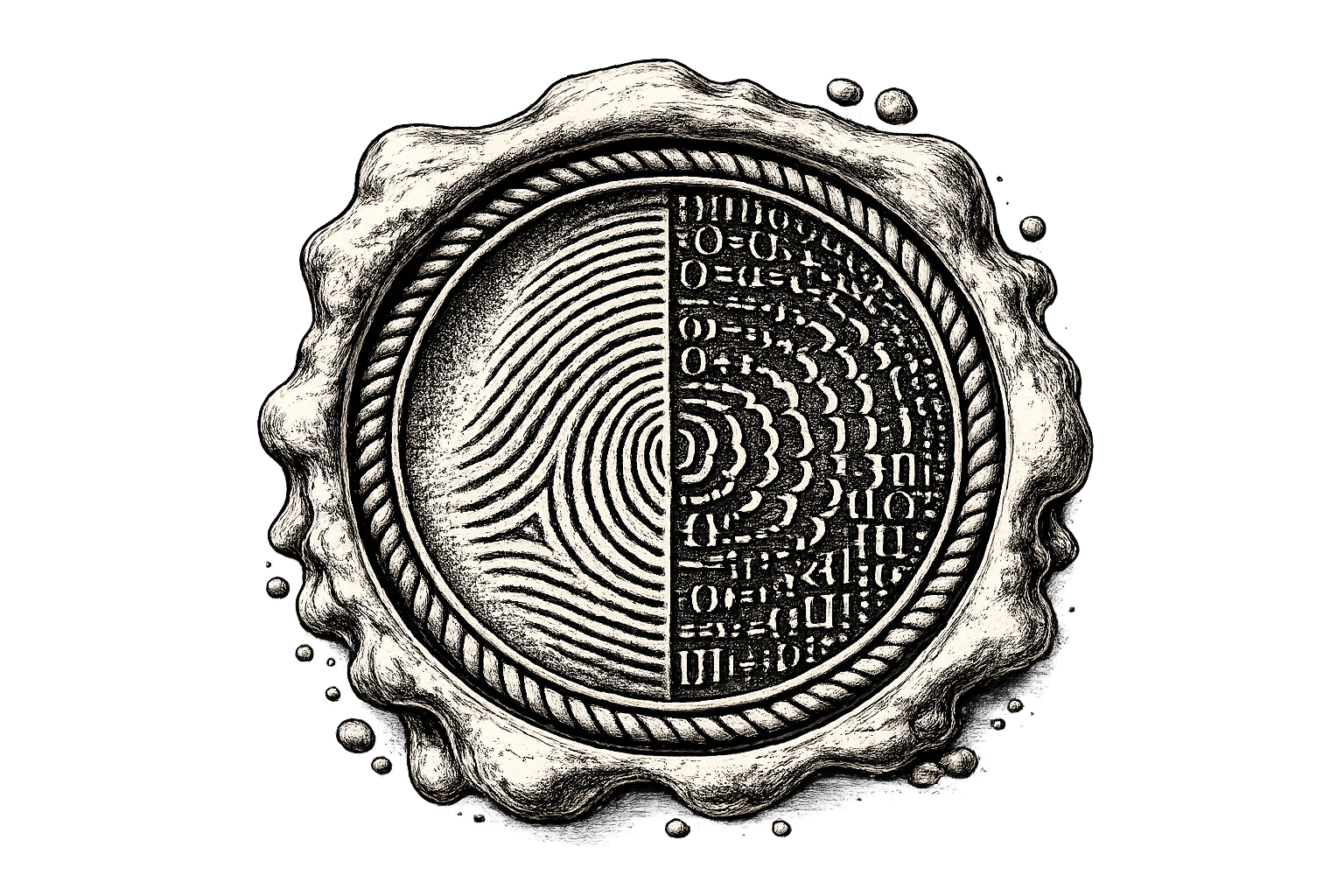 A Victorian-style engraving of a fingerprint embedded in a wax seal — black ink on cream